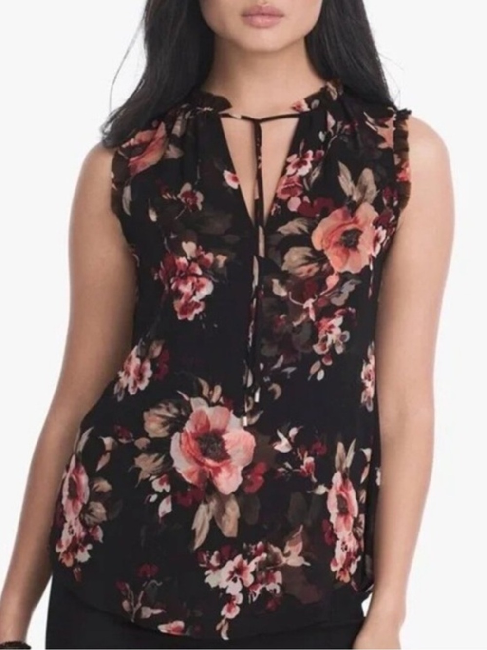 White House Black Market XS Floral Tie-Neck Sleeveless Blouse Flowy Romantic